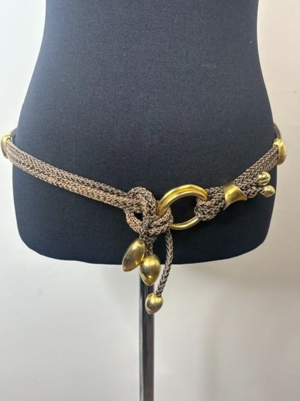 Vintage Clara Studio Brown Braided Triple Strand Leather Belt w/ Gold Detail